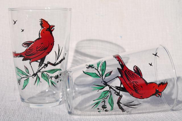 vintage drinking glasses, Christmas red cardinals bird print glass set of 8