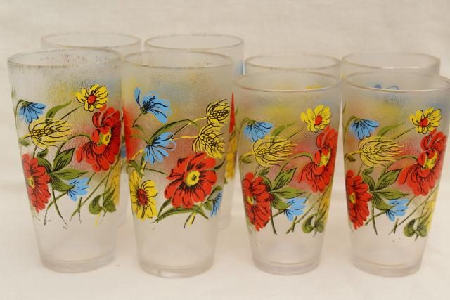 vintage drinking glasses set w/ poppy floral print, ice texture unbreakable plastic tumblers