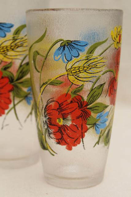 vintage drinking glasses set w/ poppy floral print, ice texture unbreakable plastic tumblers