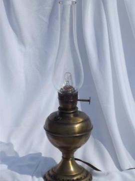 vintage electric lamp, antique oil lamp type w/ glass hurricane chimney