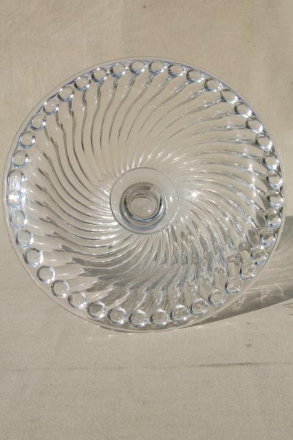 vintage elegant glass compote, crystal clear pedestal dish spiral flutes fluted swirl pattern