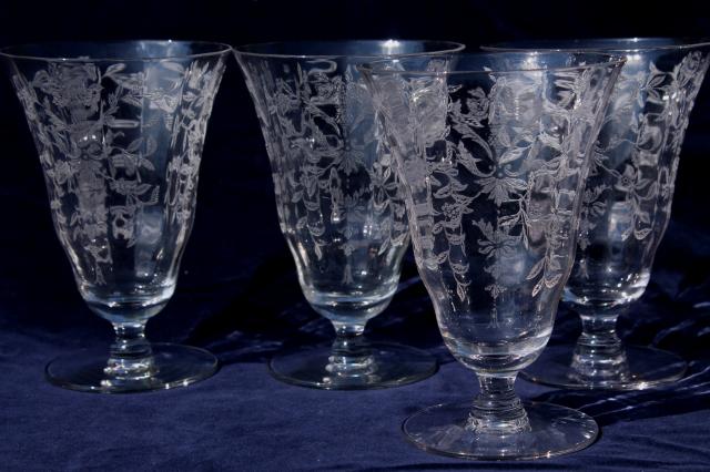 vintage elegant glass iced tea glasses, optic pattern footed tumblers w/ etched design