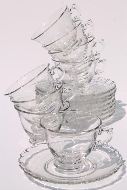 vintage elegant glass tea cups & saucers, Fostoria Century crystal clear glassware