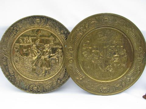 vintage embossed solid brass chargers, large plates or trays, Old English scenes