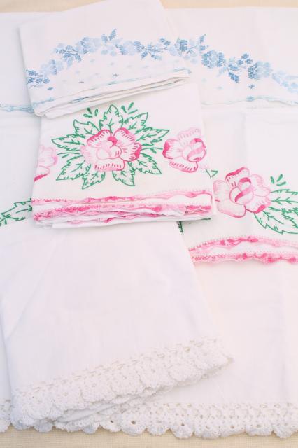 vintage embroidered cotton pillowcases w/ crochet lace, granny chic cottage bedding