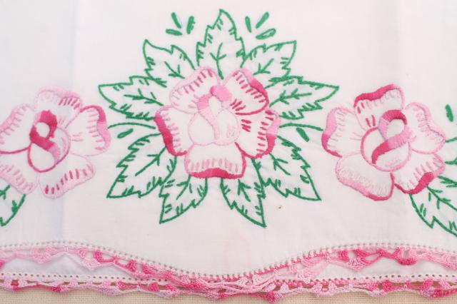 vintage embroidered cotton pillowcases w/ crochet lace, granny chic cottage bedding
