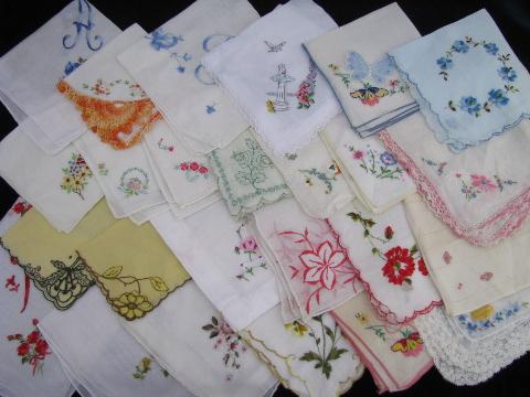 vintage embroidered fine cotton & linen hankies, Swiss handkerchiefs lot