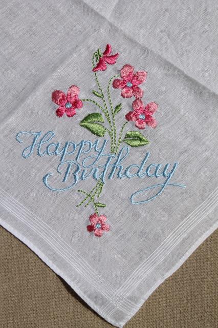 vintage embroidered hankies, Happy Birthday & Thank You gift handkerchiefs