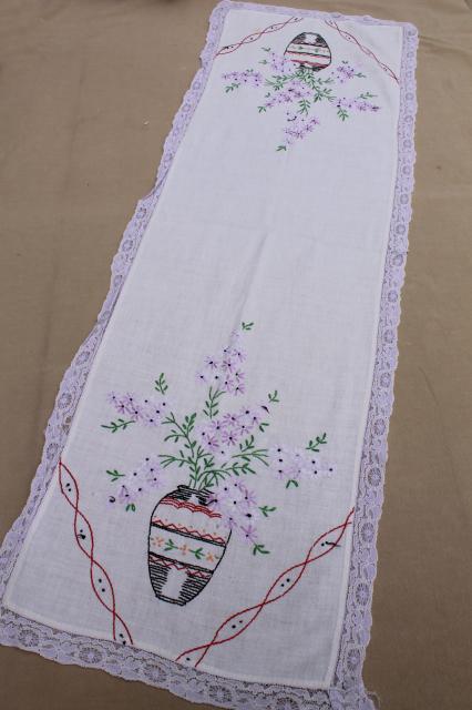 vintage embroidered linens, towels & table runners w/ embroidery - flowers, birds, butterflies