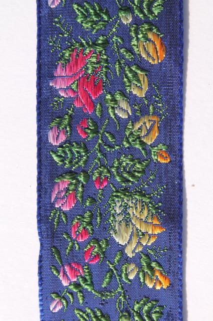 vintage embroidered satin ribbon sewing trim, roses floral pink & yellow on navy blue