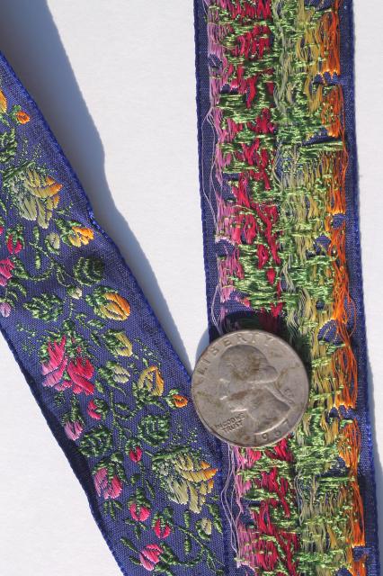 vintage embroidered satin ribbon sewing trim, roses floral pink & yellow on navy blue