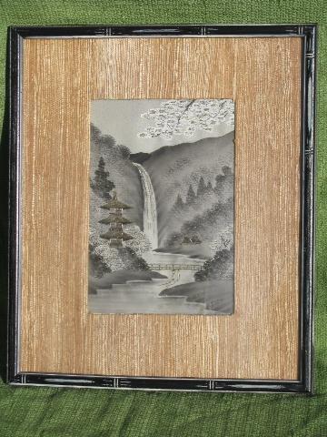 vintage embroidered silk pictures, old Japan scenes in black bamboo frames