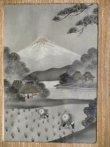 vintage embroidered silk pictures, old Japan scenes in black bamboo frames