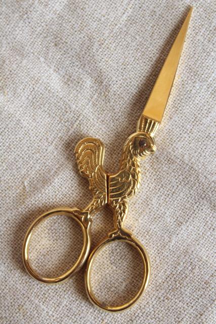 vintage embroidery scissors, Mundial Italy gold plated rooster small snips