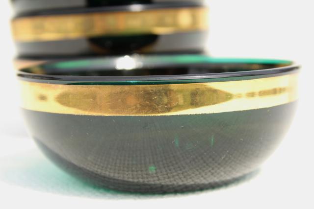 vintage emerald green glass bowls w/ wide gold band, Colonial candles new old stock