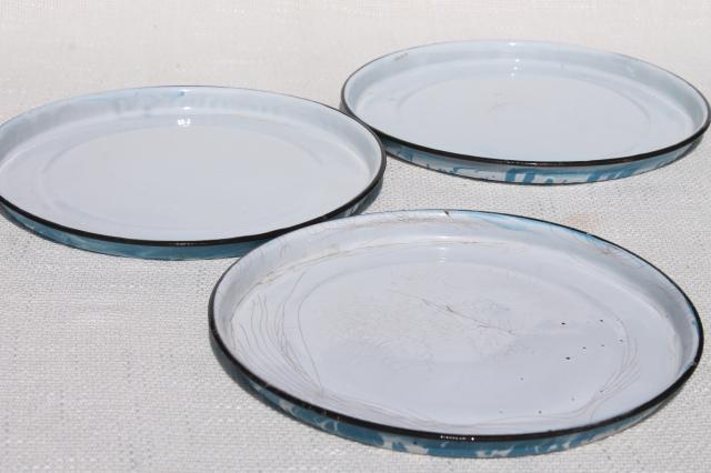 vintage enamelware camp plates & pie pans, blue & white spatter ware and swirl enamel