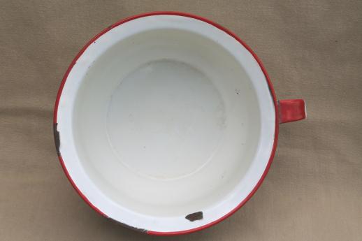 vintage enamelware chamber pot, white & red enamel camp / cabin potty