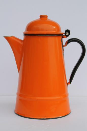 vintage enamelware coffee pot, big orange enamel coffeepot, 60s 70s retro