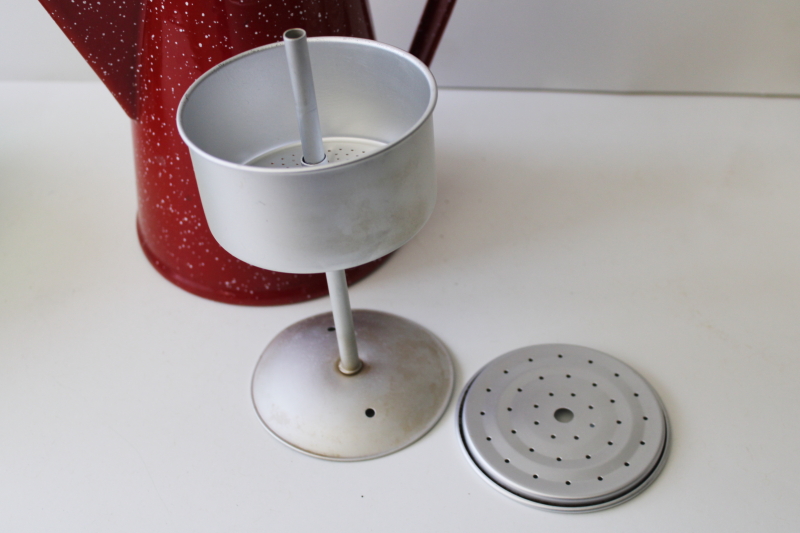 vintage enamelware coffee pot, red  white graniteware camp fire or wood stove percolator