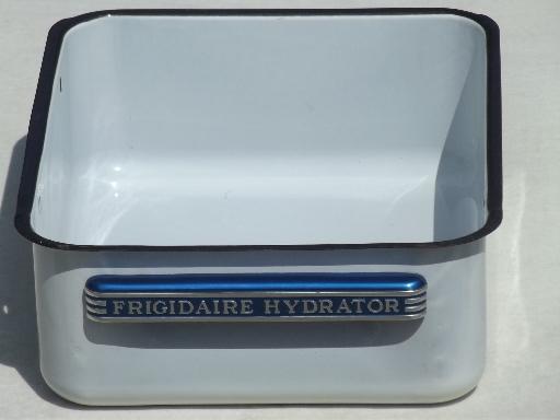 vintage enamelware kitchen bin, old Frigidaire refrigerator storage box