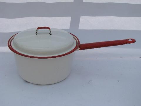 vintage enamelware pots & pans lot, white w/ red band stockpot, big saucepan