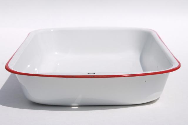 vintage enamelware, red trim white enamel colander strainer bowl & roasting pan