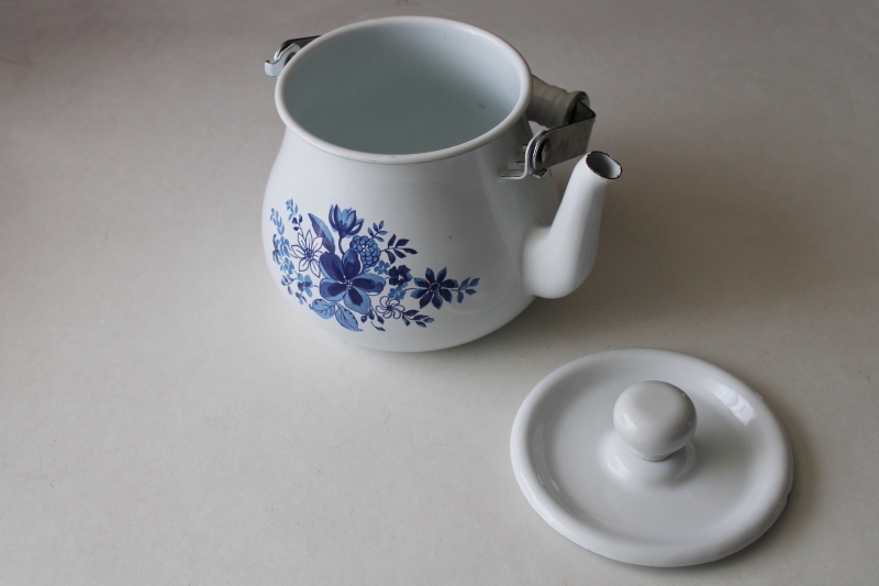 vintage enamelware teapot tea kettle cottage floral print blue  white enamel metal