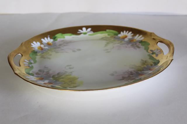 vintage encrusted gold & hand painted daisies floral serving plate or dresser tray