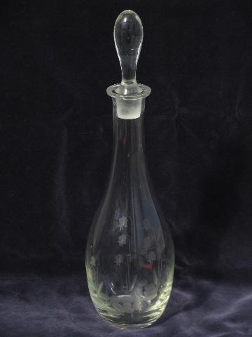 vintage etched glass decanter bottle w/ ground stopper, columbines or lily of the valley