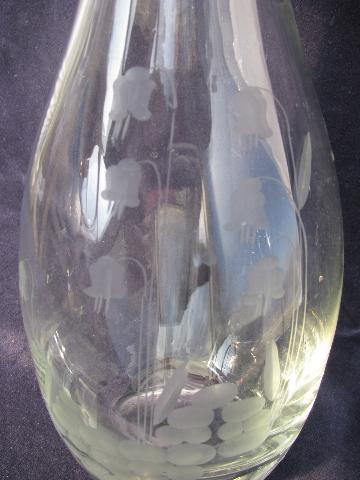 vintage etched glass decanter bottle w/ ground stopper, columbines or lily of the valley