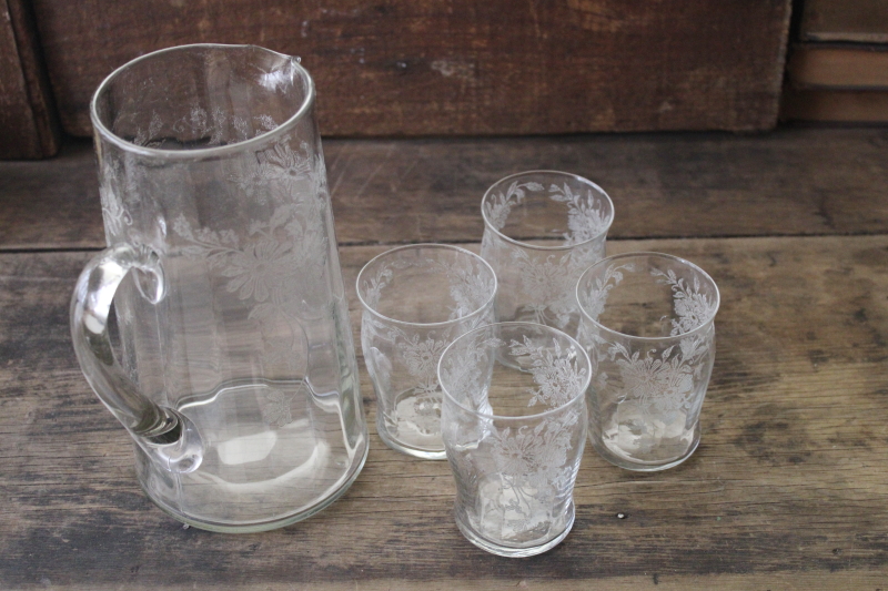 vintage etched glass pitcher  drinking glasses, wild rose floral etch
