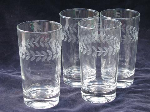 vintage etched laurel wreath pattern pitcher and glasses in two sizes