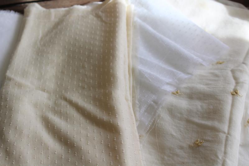 vintage fabric lot, white & ivory sheer cotton remnants, dimity, organdy, dotted swiss