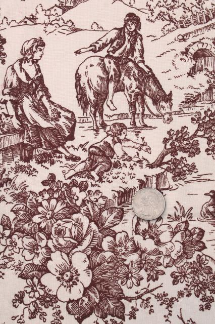 vintage fabric, rustic country french style toile print brown transferware pastoral scenes