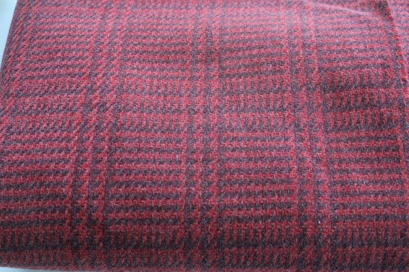 vintage fabric soft fuzzy thick wool w/ wine & dark red houndstooth plaid 