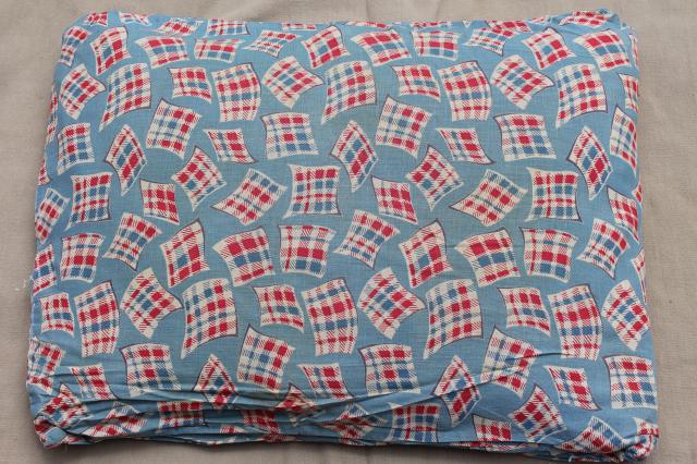 vintage farm country feather pillow, authentic old feed sack fabric red white blue