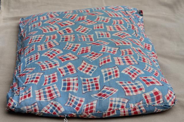 vintage farm country feather pillow, authentic old feed sack fabric red white blue