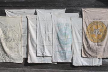 vintage farm feed & seed bags lot, 100 lb cotton sacks w/ old printed graphics