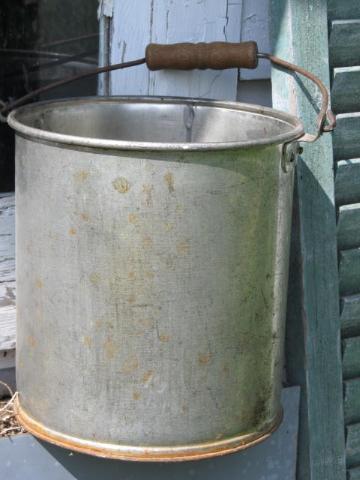 vintage farm primitive bucket, tinned steel milk pail w/ wood handle