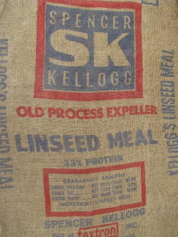 vintage farm primitive burlap feed bags w/ advertising graphics, lot 8 sacks