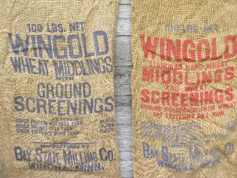 vintage farm primitive burlap feed grain bags w/ bright advertising graphics