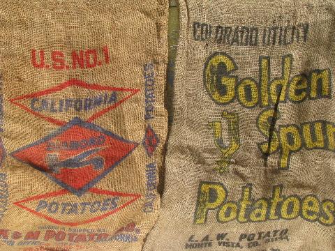 vintage farm primitive burlap potato bags w/ bright advertising graphics, lot of 10 sacks
