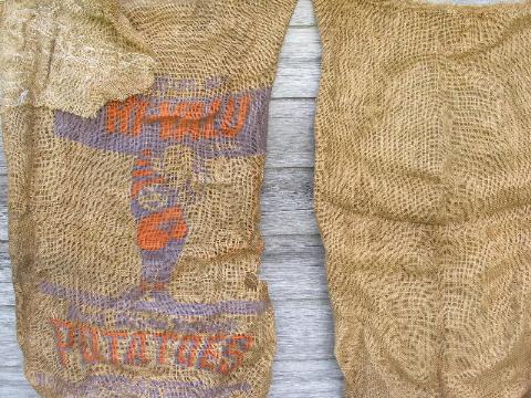 vintage farm primitive burlap potato bags w/ bright advertising graphics, lot of 6 sacks