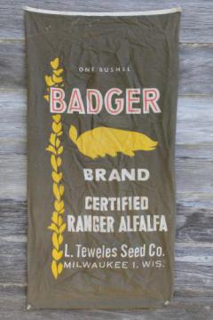 vintage farm seed cotton feedsack w/ Wisconsin badger advertising graphics