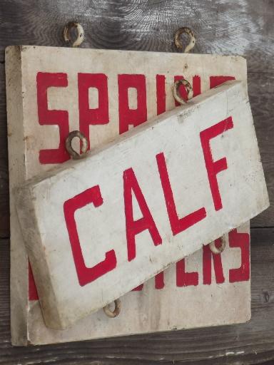 vintage farm signs, primitive painted wood board sign boards for chickens, calf