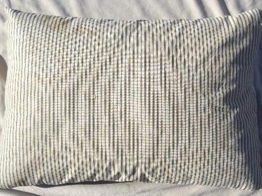 vintage farmhouse feather pillows w/ antique indigo striped cotton ticking 