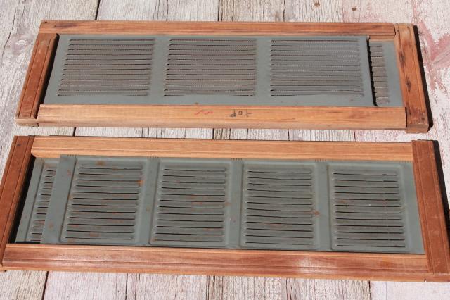 vintage farmhouse window screens w/ slide adjustable wood frames, old galvanized zinc metal vents