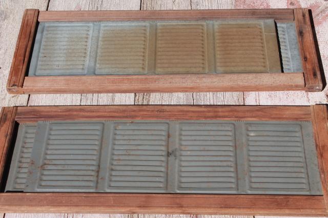 vintage farmhouse window screens w/ slide adjustable wood frames, old galvanized zinc metal vents