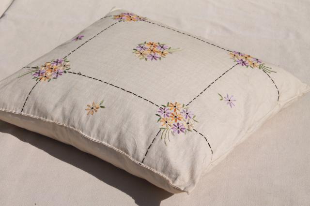 vintage feather filled ticking pillow w/ embroidered cotton cover, cottage chic flowers