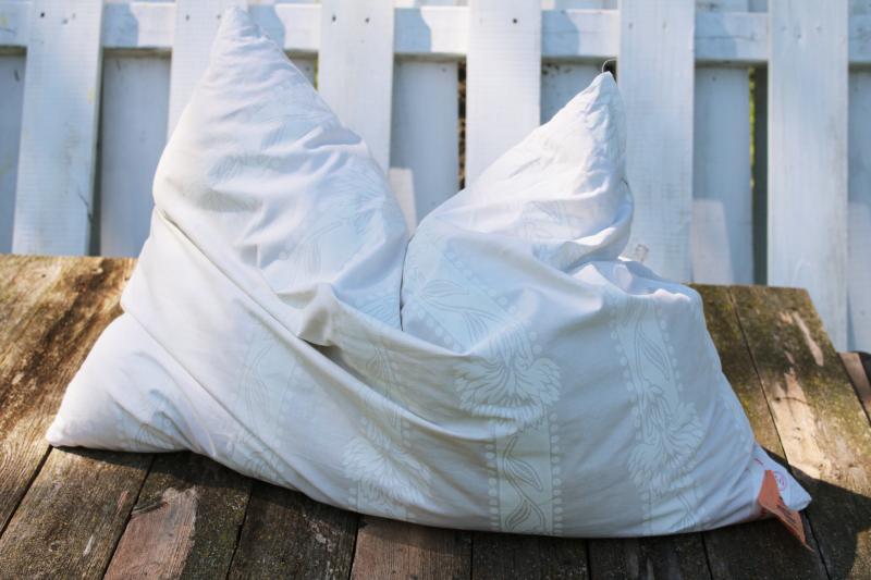 vintage feather pillow in Harris cotton ticking fabric, all white farmhouse style